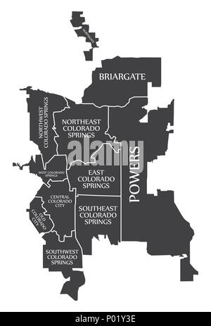 Colorado Springs CO mappa della città USA etichettati illustrazione nero Illustrazione Vettoriale