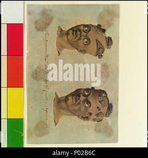 . Inglese: "La testa Fantyman abito, Gold Coast, Africa' [Bray album] n. 65 di 74 (PAJ1976 - PAJ2049) Bray del titolo, come sopra, è inscritto al di sotto di questi due studi di testa ognuno con leggermente differenti modelli di peli rasati stile. Il Fante, con la Asante (Ashanti), sono le due principali tribù del Akan-gruppo di lingua della moderna il Ghana e la Costa d'Avorio. Storicamente, in inglese, il nome era spesso anche farro Fantee. Bray la nave, il 'Pallas' , era in esecuzione lungo la costa del Ghana da circa 19 marzo 1775 e raggiunto Accra sull'30th. Nel suo 'osservazioni su un viaggio verso la costa dell'Africa" (1 Foto Stock