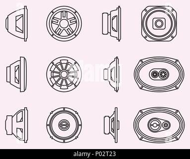 Audio per auto set di icone. Unità altoparlante. Linea sottile vettore Illustrazione Vettoriale
