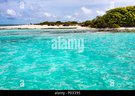 Approccio a un atollo disabitato nelle isole delle Maldive con sabbia bianca e barriere coralline Foto Stock