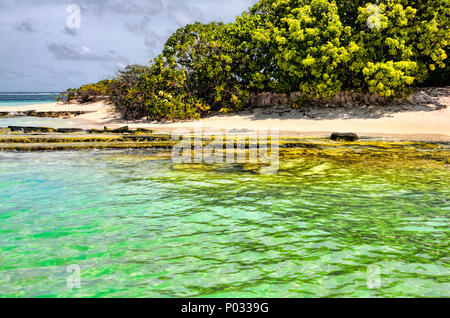 Approccio a un atollo disabitato nelle isole delle Maldive con sabbia bianca e barriere coralline Foto Stock