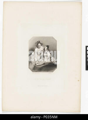 . Inglese: "L'Honble i mancati Beauclerk' 'l'Honble i mancati Beauclerk' da Frederick Bacon dopo Alfred Edward Chalon. Questa stampa può riferirsi a una storia dello stesso nome. Due giovani donne che indossano fuori della sfera di spalla abiti di scrivere in un libro di grandi dimensioni. Uno guarda direttamente l'artista, sta un po' dietro agli altri chi è seduto fissando lo sguardo fino al suo amico. Questa stampa è pubblicato dalla società Smith, Sambuco & Co. Il fratello di Margaret Brodie Herschel (nee Stewart), Peter Stewart ha lavorato per Smith, Sambuco & Co come una stampante. 'L'Honble i mancati Beauclerk' . circa 1850. Alfred Edward Chalon Foto Stock