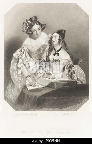 . Inglese: "L'Honble i mancati Beauclerk' 'l'Honble i mancati Beauclerk' da Frederick Bacon dopo Alfred Edward Chalon. Questa stampa può riferirsi a una storia dello stesso nome. Due giovani donne che indossano fuori della sfera di spalla abiti di scrivere in un libro di grandi dimensioni. Uno guarda direttamente l'artista, sta un po' dietro agli altri chi è seduto fissando lo sguardo fino al suo amico. Questa stampa è pubblicato dalla società Smith, Sambuco & Co. Il fratello di Margaret Brodie Herschel (nee Stewart), Peter Stewart ha lavorato per Smith, Sambuco & Co come una stampante. 'L'Honble i mancati Beauclerk' . circa 1850. Alfred Edward Chalon Foto Stock