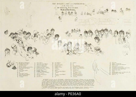 . Inglese: "Questo contorno è una chiave per i ritratti ecc in stampa dal signor West immagine della morte di Lord Nelson" Questa è la chiave di un Occidente ' la morte di Lord Nelson'. West ha fatto il dipinto (ora al Walker Art Gallery di Liverpool) in 1806 come il suo lato di un accordo con James Heath a pubblicarla come una stampa di grandi dimensioni. Heath ha completato la stampa nel 1811, quando è stato mostrato alla Royal Academy e come è stato a ovest del dipinto per aiutare a promuovere le vendite. Questo attacco più semplice era presumibilmente fatto da Heath o la sua officina allo stesso tempo, come una chiave per le persone incluse nella "epica composizione' , che mostra Nelso Foto Stock
