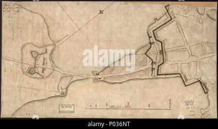 . Inglese: Scala ca. 1:5650. Titolo dal P. L. Phillips" un elenco di mappe di America, p. 148. Titolo alternativo da Pietro vigore il catalogo manoscritto di mappe: Opere per la difesa di Boston. Manoscritto, penna e inchiostro e acquerello. Orientati con il nord verso la parte superiore destra. Sollievo mostrato da hachures. Disponibile anche tramite la Biblioteca del Congresso sito Web come immagine raster. LC mappe di Nord America, 1750-1789, 905 Vault AACR2 . [Piano del "collo" e fortificazioni] Delivd. A SUA ECCELLENZA IL SIGNOR Gl. Gage, Giugno 30th. 1775.--J.M.. 1775. Montrésor, Giovanni 13 (piano di "collo" e fortificazioni) Delivd. a Foto Stock