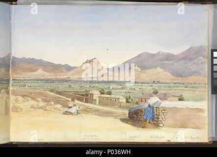 . Inglese: (Recto) la pianura di Atene, ottobre 1852 (proseguimento verso sinistra sul tergo del PAI0876); (verso) la baia di Salamina dal Pireo strada n. 29 di 36 (PAI0849 - PAI0884). (Recto) studio panoramico attraverso uno-e-un-metà i lati di un taccuino, inscritto sulla parte sinistra del foglio superiore, "Piana di Atene / 8 Ottobre 1852' e lungo il fondo 'Mt Pentelion' (lamiera sinistra) seguiti sulla lamiera destra dal monte [a] "Lycabettus / o St George', 'Acropolis / Marte" [o] principale Hill' e 'Phillopapus'. In primo piano due greci di uomini in abito tradizionale si affacciano su una strada fiancheggiata da farm bui Foto Stock