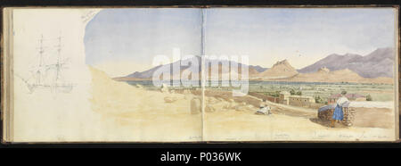 . Inglese: (Recto) la pianura di Atene, ottobre 1852 (proseguimento verso sinistra sul tergo del PAI0876); (verso) la baia di Salamina dal Pireo strada n. 29 di 36 (PAI0849 - PAI0884). (Recto) studio panoramico attraverso uno-e-un-metà i lati di un taccuino, inscritto sulla parte sinistra del foglio superiore, "Piana di Atene / 8 Ottobre 1852' e lungo il fondo 'Mt Pentelion' (lamiera sinistra) seguiti sulla lamiera destra dal monte [a] "Lycabettus / o St George', 'Acropolis / Marte" [o] principale Hill' e 'Phillopapus'. In primo piano due greci di uomini in abito tradizionale si affacciano su una strada fiancheggiata da farm bui Foto Stock