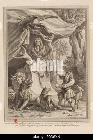 . Il rotocalco réalisée par Charles-Nicolas Cochin fils d'après onu dessin de Jean-Baptiste Oudry représentant onu buste de Jean de La Fontaine entouré d'animaux et montré du doigt par onu petit homme. Cette gravure est parue dans l'édition complète des fables de La Fontaine, en tête des quatre tomes chez l'éditeur Desaint, Saillant et Durand, rue Saint Jean de Beauvais à Paris, imprimée par Charles-Antoine Jombert entre 1755 et 1759. 13 001 Frontispice choisies favole di La Fontaine Tome 1 Oudry-Cochin fils Foto Stock