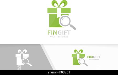 Dono di vettore e loupe combinazione di logo. Presente e ingrandimento di simbolo o icona. Unica sorpresa e logotipo Ricerca modello di disegno. Illustrazione Vettoriale