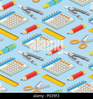 Modello senza cuciture con coppia isometrica di compassi, calendario, penna stilografica, matite e forbici su sfondo blu. Illustrazione Vettoriale. Illustrazione Vettoriale