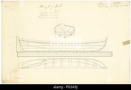 . Inglese: 26 ft scialuppa Scala: 1:24. Piano che mostrano il corpo piano, linee di pura con dettaglio entrobordo, e metà longitudinale-ampiezza con entrobordo dettaglio per un 26 ft scialuppa. linee & profilo 22 26 ft RMG scialuppa J0914 Foto Stock