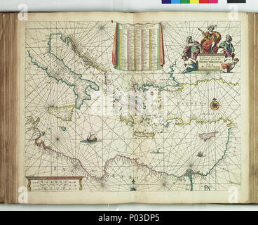 . Inglese: un grafico del levante o la parte più orientale del Mediterraneo SeaBound foglio. Mano col engr. Scala: [ca. 1:5 000 (bar)]. Nota cartografica: manca di laurea. Scale Bar in francese e in inglese campionati, campionati spagnolo e olandese miglia. Contenuto Nota: contiene un elenco dei nomi delle isole, mantelli, verso i paradisi fiscali ecc. Titolo cartiglio decorato con barbari e le loro comunità di schiavi. Un grafico da 'Atlas Maritimus', o il mare Atlas; essendo un libro di grafici di marittimo. PBE6862, venditore Atlas Maritimus, parte est del Mediterraneo . 1675. John Darby; il Venditore, Giovanni 35 un grafico del levante o e Foto Stock