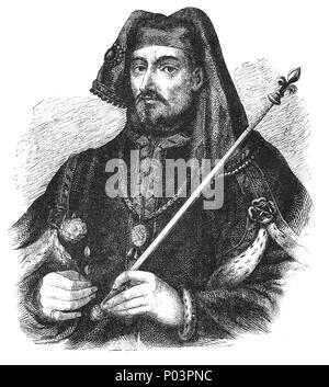 Enrico IV (1367-1413), conosciuto anche come Henry Bolingbroke era re d'Inghilterra dal 1399 al 1413, e affermata una rivendicazione per il regno di Francia. Il padre Giovanni di Gaunt, era il quarto figlio di Edward III e goduto di una posizione di notevole influenza durante gran parte del regno di Enrico il cugino di Richard II, quali Henry eventualmente deposto. Henry's madre era erede al notevole Lancaster estates, e così egli divenne il primo re d' Inghilterra da Lancaster ramo dei Plantageneti ed il primo re d' Inghilterra la cui lingua madre era inglese anziché in francese. Foto Stock