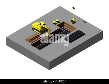 Escavatore giallo al sito in costruzione. Vettore illustrazione isometrica. Illustrazione Vettoriale