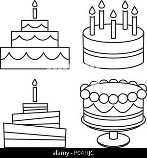 Line art in bianco e nero torta di compleanno insieme Illustrazione Vettoriale
