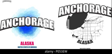 Anchorage in Alaska,, logo design. Due in un vettore arti. Grande con logo vintage lettere con bello sfondo colorato e uno-colore-versione con mappa per Illustrazione Vettoriale