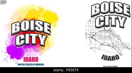 La città di Boise, Idaho, logo design. Due in un vettore arti. Grande con logo vintage lettere con bello sfondo colorato e uno-colore-versione con mappa per Illustrazione Vettoriale