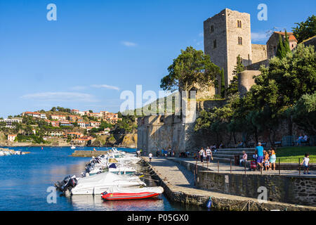 Barche vicino a Chateau Royal de Collioure e il Fort Saint-Elme nel piccolo villaggio di Colliure, nel sud della Francia Foto Stock