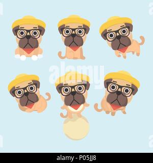 Set di il simpatico cartoon pugs cuccioli. Illustrazione Vettoriale. Illustrazione Vettoriale