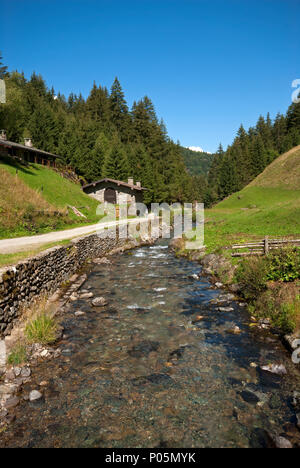 Scenario estivo di Val Brandet nelle Valli di Sant'Antonio (Sant Antonio valli), Alpi Orobie, Lombardia, Italia Foto Stock