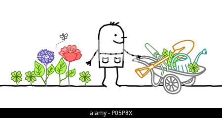 Cartoon giardiniere con carriola, fiori e strumenti Illustrazione Vettoriale