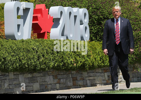 Quebec, Canada. 8 Giugno, 2018. Il presidente statunitense Donald Trump arriva presso l'Hotel Fairmont Le Manoir in vista del vertice G7. Foto: Michael Kappeler/dpa Credito: dpa picture alliance/Alamy Live News Foto Stock