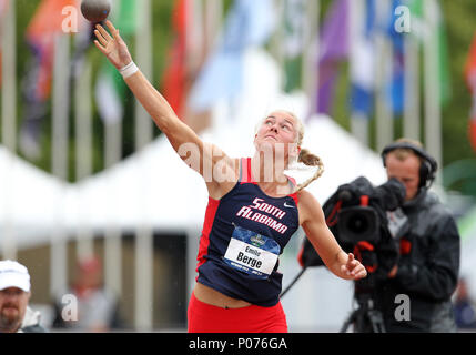 Giugno 8, 2018. Emile Berge compete nel colpo messo la sezione di Heptathlon durante il 2018 NCAA rack & Campo campionati a storico campo Hayward, Eugene, o. Larry C. Lawson/CSM Foto Stock