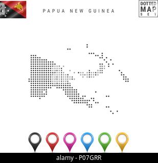 Vettore Mappa punteggiata di Papua Nuova Guinea. Semplice Silhouette di Papua Nuova Guinea. Bandiera della Papua Nuova Guinea. I marcatori mappa impostato Illustrazione Vettoriale