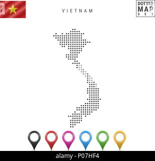 Vettore Mappa tratteggiata del Vietnam. Semplice Silhouette del Vietnam. Bandiera nazionale del Vietnam. Insieme multicolore i marcatori mappa Illustrazione Vettoriale