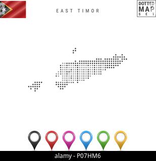 Vettore Mappa punteggiata di Timor Est. Semplice Silhouette di Timor Est. Bandiera Nazionale di Timor Est. Variopinto i marcatori mappa Illustrazione Vettoriale