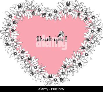 Disegnata a mano con motivi floreali vintage a forma di cuore ad telaio. Illustrazione Vettoriale