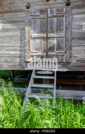 La scala e la porta di legno vecchi fienili in Brig, Svizzera Foto Stock