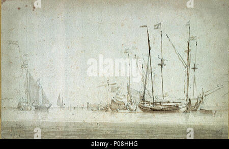 . Inglese: Un Kaag, flauto e altre navi al di ancoraggio sulla destra è un quartiere di Porta vista di un kaag. Vicino a dritta, dal punto di vista della fiancata di dritta, vi è un piccolo flauto, un altro kaag e numerosi yachts di fianco all'altra. Sullo sfondo a sinistra è la prua dritta vista degli Stati a barca ancorata e oltre, una kaag sotto la vela. Questa è una matita non firmati e marrone e disegno di lavaggio dal più giovane. Un Kaag, flauto e altre navi al di ancoraggio . circa 1665. Willem van de Velde il giovane 117 un Kaag, flauto e altre navi al di ancoraggio RMG PW6830 Foto Stock
