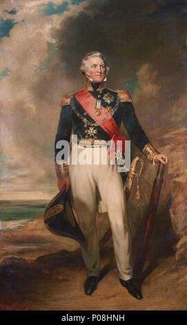 . Inglese: Ammiraglio Sir Philip H Calderwood Durham (1763-1845) un ritratto a figura intera a destra che mostra Durham nel suo dell'ammiraglio vestito completo uniforme del modello 1843-47, indossando il nastro, stella e la catena del GCB, la Trafalgar medaglia e il nastro e la stella di un Cavaliere di Gran Croce dell'ordine dei meriti militari, apparentemente il solo ufficiale britannico a ricevere questo onore francese. Al suo fianco è la spada a lui presentati da Trinidad nel 1816. Egli sorge sulla riva tenendo il suo cappello nella sua mano destra con il suo braccio sinistro appoggiato sul suo telescopio. Un promontorio roccioso è mostrato a destra; il mare t Foto Stock