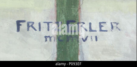 . Deutsch: Namenszug Fritz Erler MCMVII auf einem Wandgemälde im Muschelsaal des Kurhaus Wiesbaden questo è un'immagine dell'Hessian Kulturdenkmal (monumento culturale) con ID sconosciuto? . Il 26 febbraio 2013. Fritz Erler (1868-1940) 73 Namenszug Fritz Erler 1907 Foto Stock