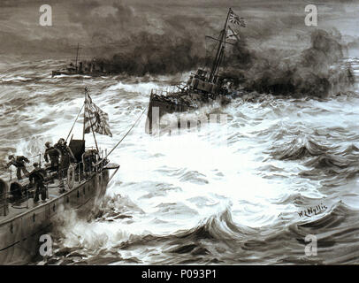 . Inglese: un premio perso, Port Arthur questo disegno monocromatico è tipico dei disegni che Wyllie prodotte per la riproduzione nei primi anni del Novecento. Questo era quasi certamente prodotta per il 'Illustrated London News' all'inizio della guerra Russo-Giapponese, probabilmente nel febbraio 1904. Da questo momento, incisione su legno di testa era stato sostituito da un processo fotografico per la riproduzione di opere d' arte, e questo ha reso possibile per ulteriori effetti drammatici per essere raggiunto. In aggiunta al grigio e nero lavaggio, Wyllie ha utilizzato il bianco opaco per la vivida luce effetti. Un premio perso, Port Arthur . circa 1904. Wi Foto Stock