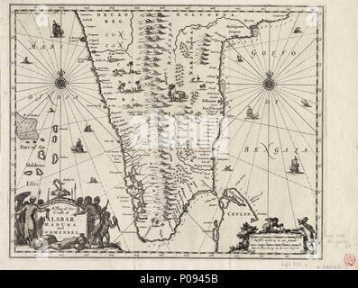 . Inglese: una mappa della costa del Malabar Madura e CormendelSingle foglio. Incisione. Scala: [circa 1:4.000.000]. Grafico da Goa, sulla costa occidentale di Masulipatnam sulla costa est. Ulteriori luoghi: India del Sud, Sri Lanka. Contenuto Nota: decorato con le navi e gli animali. Da una traduzione di Johannes Nieuhof's 1682 conto di un Tour attraverso il Brasile ecc. "Tra p.245.246 (n. 2.)". G250:2/4 (1) Malabar, Madura & C . circa 1700. Sconosciuto 129 una mappa della costa del Malabar Madura e RMG Cormendel F0072 Foto Stock