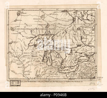 . Inglese: Scala ca. 1:6,750,000. Sollievo mostrato graficamente. LC mappe di Nord America, 1750-1789, 220 disponibile anche attraverso la Libreria del Congresso sito Web come immagine raster. Vault AACR2 . Una mappa dei cinque Grandi Laghi con parte della Pensilvania, New York, Canada e Hudsons Bay territori &c.. 1755. Sconosciuto 129 una mappa dei cinque Grandi Laghi con parte della Pensilvania, New York, Canada e Hudsons Bay territori etc. LOC 73694803 Foto Stock