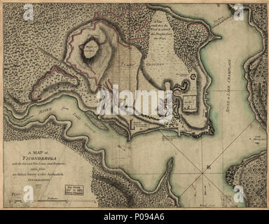 . Inglese: Scala ca. 1:2.300. Colorati a mano. Sollievo mostrato da hachures. Include le note. LC mappe di Nord America, 1750-1789, 1175 disponibile anche attraverso la Libreria del Congresso sito Web come immagine raster. Vault AACR2 . Una mappa di Ticonderoga con le vecchie e nuove linee e le batterie. 1777. Sconosciuto 129 una mappa di Ticonderoga con le vecchie e nuove linee e batterie, LOC 78692736 Foto Stock