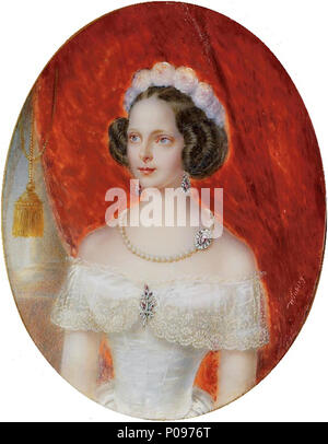 . Grand-Duchess Alexandra Nicolayevna della Russia (1825-1844), in white satin décolleté abito con pizzo Mechlin collare fissato con un rubino e diamante rametto spilla, collana di perle con diamante incrostati di ruby chiusura, matching drop-orecchini a pendente, una corona di rose rosa nel suo scuro capelli arricciati; russet cortina con fiocco dorato e lo sfondo della colonna 278 Alexandra Nicolayevna della Russia di I.Winberg (PRIV.coll) Foto Stock