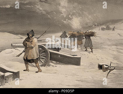 . Inglese: stampa mostra un soldato di guardia ad una batteria francese con coperte di neve cannoni e Zouaves portando fasci di legno per un camp in background. . Inglese: vista da altezze sopra Balaklava . [Londra] : pubblicato da Paolo & Dominic Colnaghi & Co., 13 & 14 Pall Mall Oriente ; Paris : Goupil & Cie., 1855 Feby. Xix (giorno & Figlio, lithrs. alla regina) 21 sentinella del Zouaves, prima di Sevastopol Foto Stock