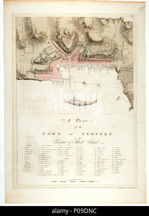 . Inglese: una pianta della città di Newport in provincia di Rhode IslandSingle foglio. Inciso. Scala: ca. 1:6 000 (bar). Nota cartografica: Nord a 278 gradi. Variazione mostrata a 6 gradi W. Ungraduated. La barra graduata in piedi. Contenuto Nota: c'è una chiave di spicco alle banchine, edifici pubblici e strade. Colophon 1 Nov 1781. Altre caratteristiche: stampato su carta unwatermarked. Bordo giallo, verde terra, area urbana rosa. HNS 87E una pianta della città di Newport in provincia di Rhode Island . 1781. Charles Blaskowitz; Des Barres; Giuseppe Federico Wallet Des Barres 171 una pianta della città di Newpor Foto Stock