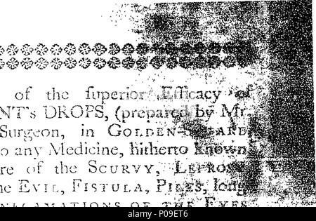 . Inglese: Fleuron dal libro: un conto del notevole cure, eseguita mediante l'uso di Maredant's Antiscorbutic gocce preparate da John Norton, chirurgo, Golden-Square, Londra. 288 Un conto del notevole cure, eseguita mediante l'uso di Maredant's Antiscorbutic gocce preparate da John Norton, chirurgo, Golden-Square, Londra Fleuron T150533-1 Foto Stock