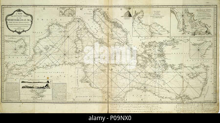 . Inglese: una nuova e accurata grafico del Mare Mediterraneo dalle più recenti indagini, accertata e regolata da osservazioni astronomiche. 1788foglio legato. Engr. Legato in un atlante di otto grafici da Sayer, messi insieme per un uso a Bellerophon quando è entrata a far parte della flotta mediterranea nel 1798. Apparteneva probabilmente al suo capitano Henry Darby. Grafico del Mare Mediterraneo . 1788. Robert Sayer (1725-1794) Descrizione cartografo Data di nascita e morte 1725 29 gennaio 1794 luogo di lavoro Londra (dicembre 1748 - 1760); Londra (1760 - 1794) Autorità di controllo : Q15430328 VIAF:?100956026 Foto Stock