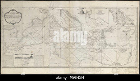 . Inglese: una nuova e accurata grafico del Mare Mediterraneo dalle più recenti indagini, accertata e regolata da osservazioni astronomiche. 1788foglio legato. Engr. Legato in un atlante di otto grafici da Sayer, messi insieme per un uso a Bellerophon quando è entrata a far parte della flotta mediterranea nel 1798. Apparteneva probabilmente al suo capitano Henry Darby. Grafico - Mar Mediterraneo (PBD8499) . 1788. Robert Sayer (1725-1794) Descrizione cartografo Data di nascita e morte 1725 29 gennaio 1794 luogo di lavoro Londra (dicembre 1748 - 1760); Londra (1760 - 1794) Autorità di controllo : Q15430328 VIAF:?10 Foto Stock