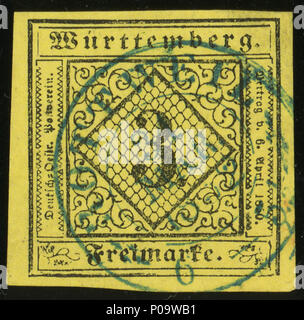 . Inglese: Regno di Wurtemberg, 3 kreuzer prima edizione 1851 timbro, blue annullato a Rottweil in 1852. . 19 Luglio 2013 11:54:29. 1 Jacquesverlaeken 1852 3kr Rottweil Mi2a Foto Stock