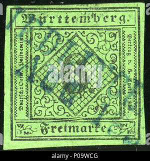 . Inglese: Regno di Wurtemberg, 6 kreuzer prima edizione 1851 timbro, blu annullato lineare a RIEDLINGEN. . 19 Luglio 2013 11:54:30. Jacquesverlaeken 1 1851problema 6kr Riedlingen Mi3a Foto Stock