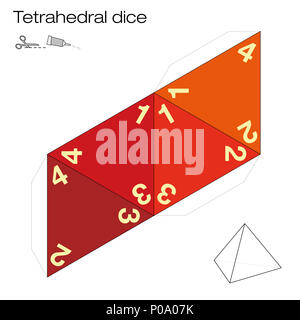 Tetrahedron modello, con quattro lati dadi tetraedrici - uno dei cinque solidi platonici - fare un 3d oggetto fuori rete e giocare a dadi. Illustrazione o Foto Stock