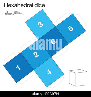 Modello Hexahedron, esaedrica dice - uno dei cinque solidi platonici - fare un 3d voce con sei lati al di fuori della rete e giocare a dadi. Foto Stock