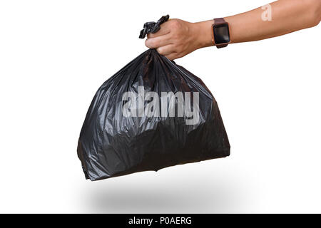 Man mano che tiene la garbage bag isolato su bianco con tracciato di ritaglio Foto Stock